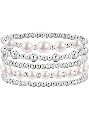 14K Gold Plated Beaded Stretch Bracelets Set for Women - Stackable Adjustable